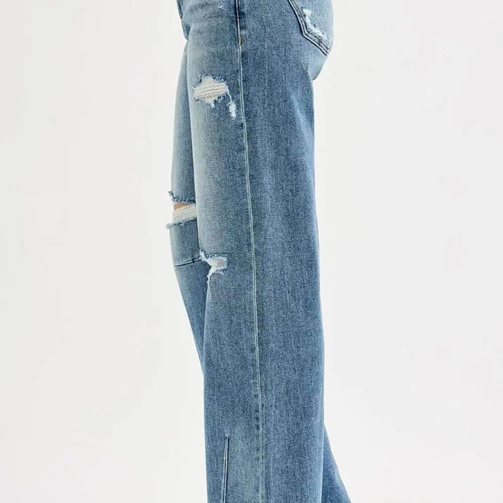 RISEN Full Size‎ Mid Rise Fit Wide Baggy Leg Tie Washed Jeans Plus Size